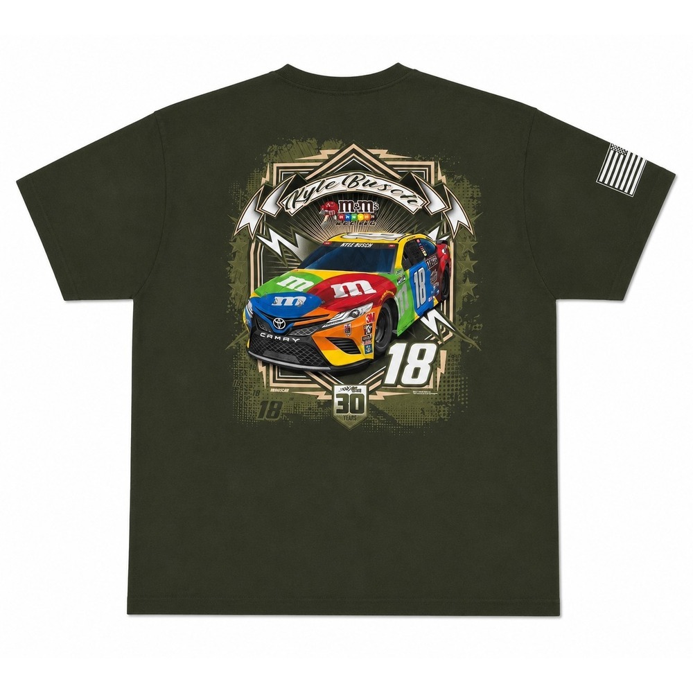 Joe Gibbs Racing Kyle Busch #18 M&M's 30 Year NASCAR Men's Shirt, Dark Green, 2X